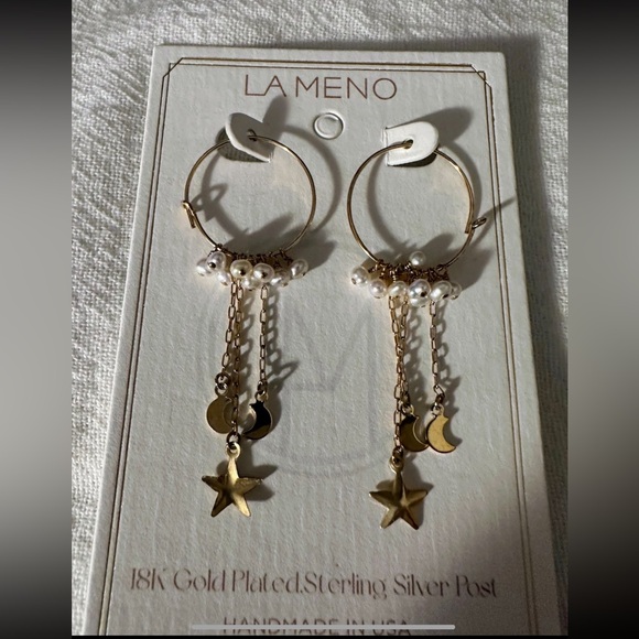 La Meno Jewelry - La Meno NWT 18kGold-Plated Pearl Hoop Earrings with Star & Moon Charms